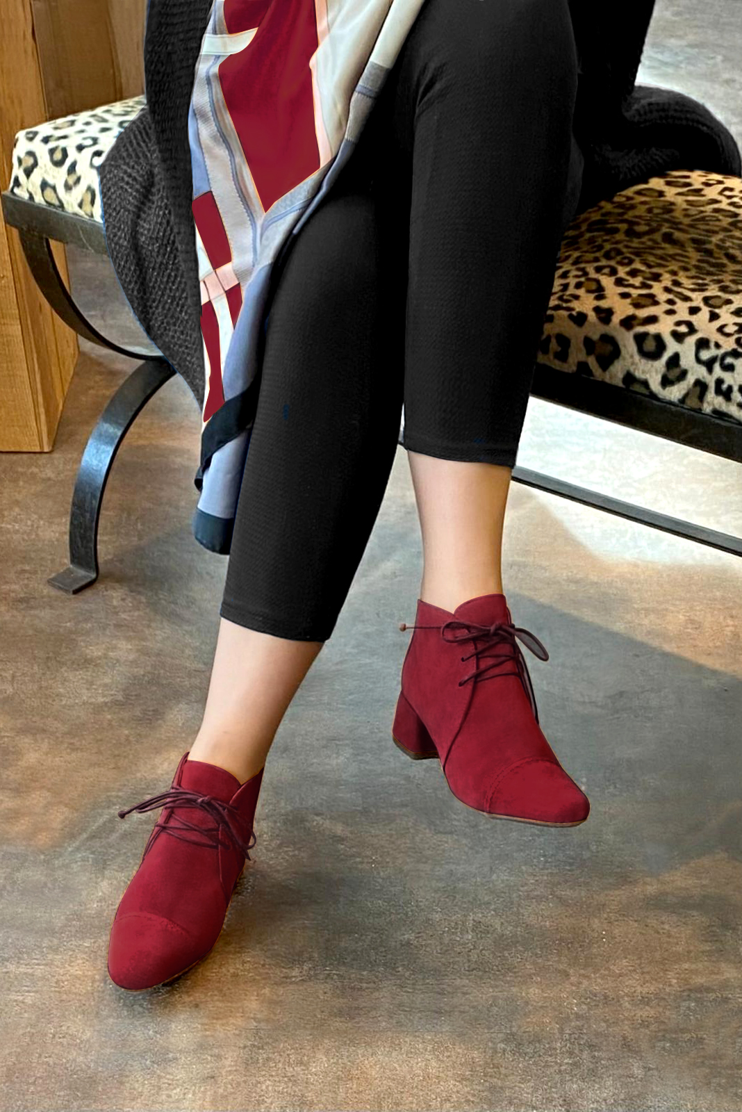 Burgundy red women's ankle boots with laces at the front. Round toe. Low flare heels. Worn view - Florence KOOIJMAN